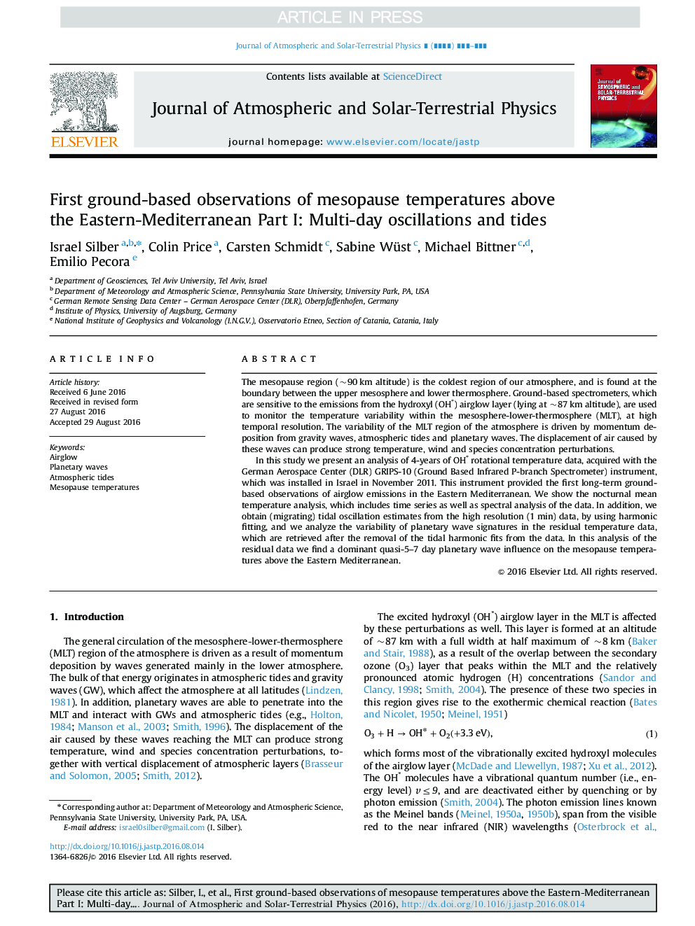 First ground-based observations of mesopause temperatures above the Eastern-Mediterranean Part I: Multi-day oscillations and tides