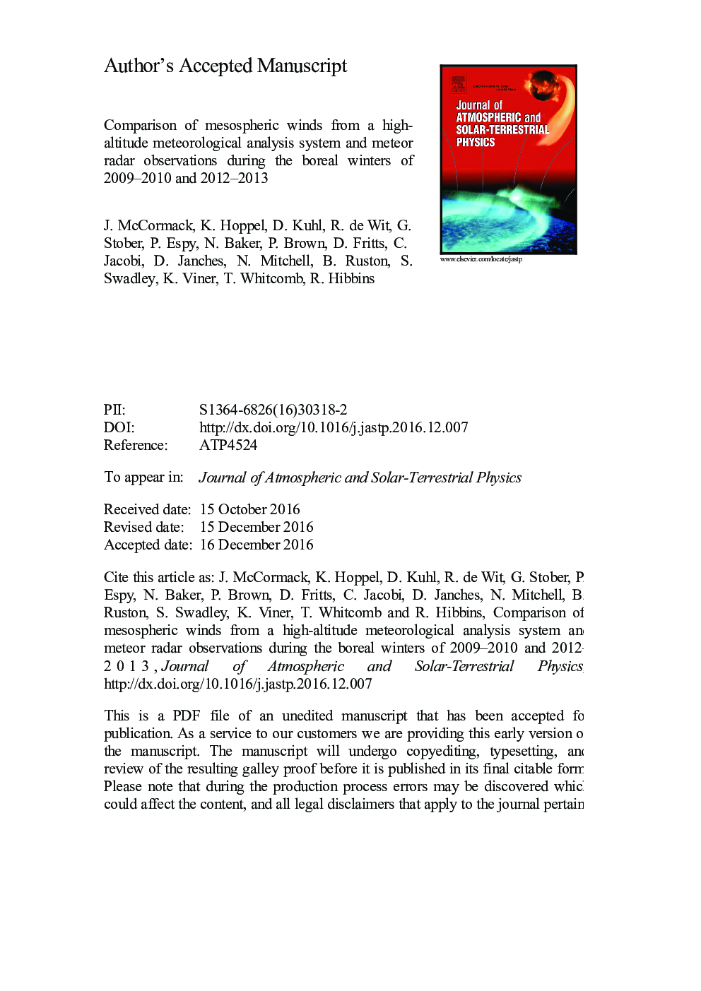 مقایسه بادهای مأوسف از یک سیستم تحلیل هواشناسی ارتفاع بالا و مشاهدات رادارهای شهاب سنگ در زمستان های بئرین در سال های 2009-2010 و 2012-2013 