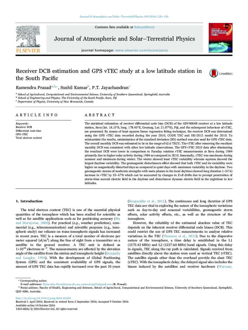 Receiver DCB estimation and GPS vTEC study at a low latitude station in the South Pacific