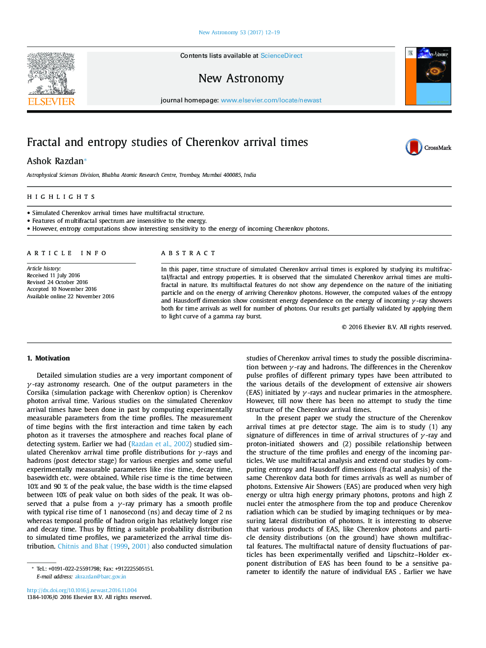 Fractal and entropy studies of Cherenkov arrival times