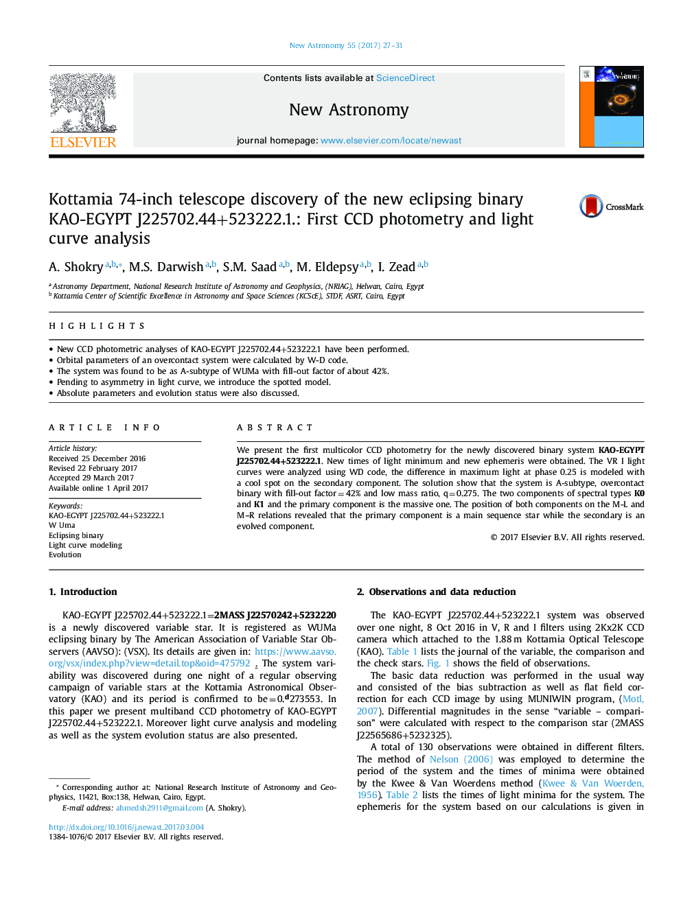 Kottamia 74-inch telescope discovery of the new eclipsing binary KAO-EGYPT J225702.44+523222.1.: First CCD photometry and light curve analysis