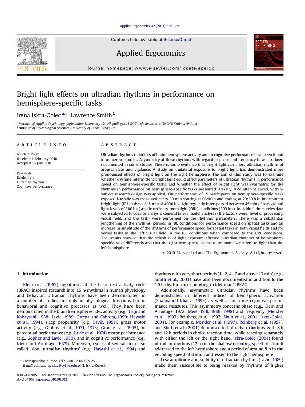 Bright light effects on ultradian rhythms in performance on hemisphere-specific tasks