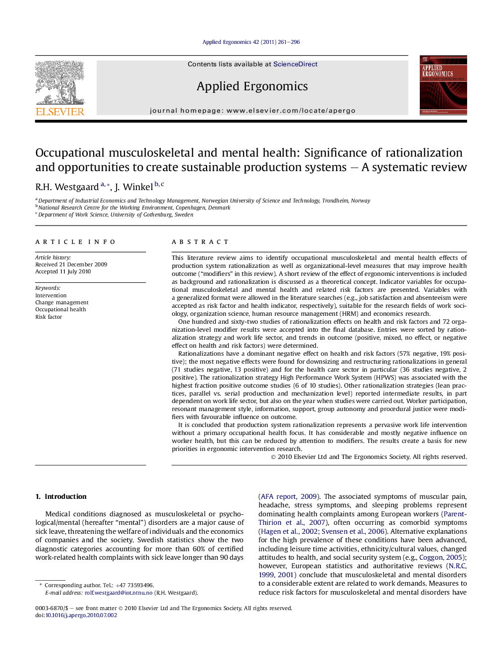 Occupational musculoskeletal and mental health: Significance of rationalization and opportunities to create sustainable production systems – A systematic review