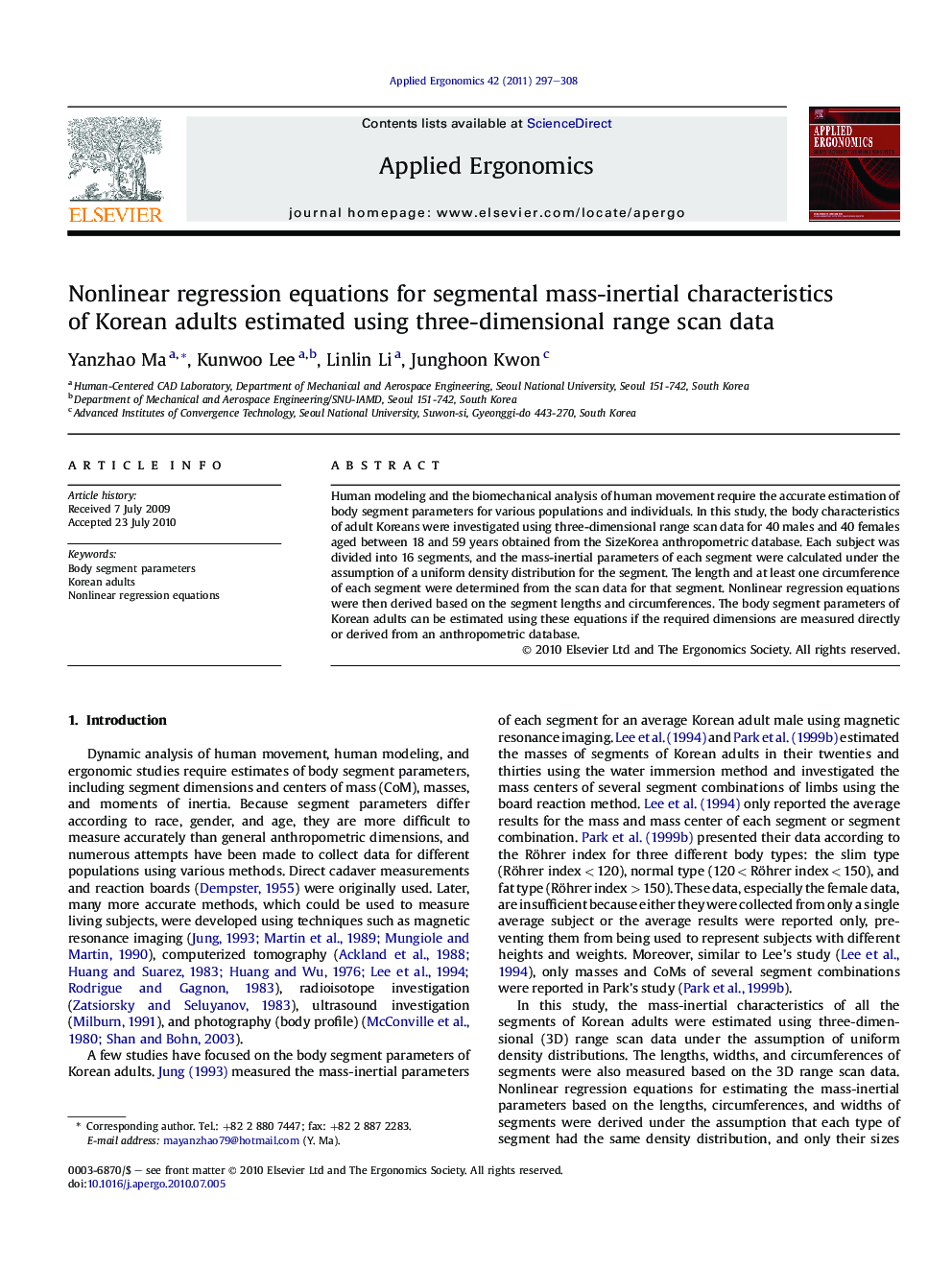 Nonlinear regression equations for segmental mass-inertial characteristics of Korean adults estimated using three-dimensional range scan data