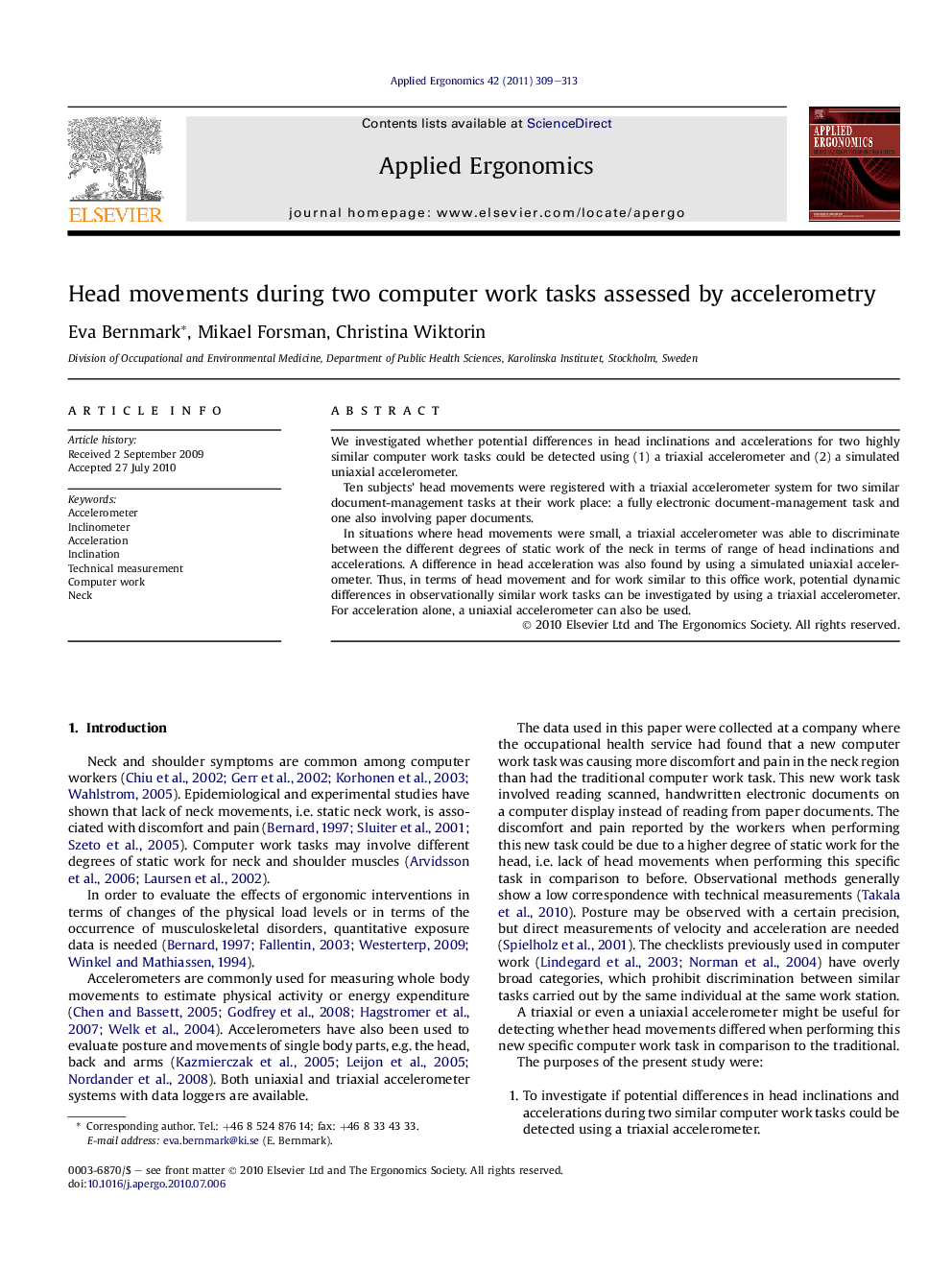 Head movements during two computer work tasks assessed by accelerometry