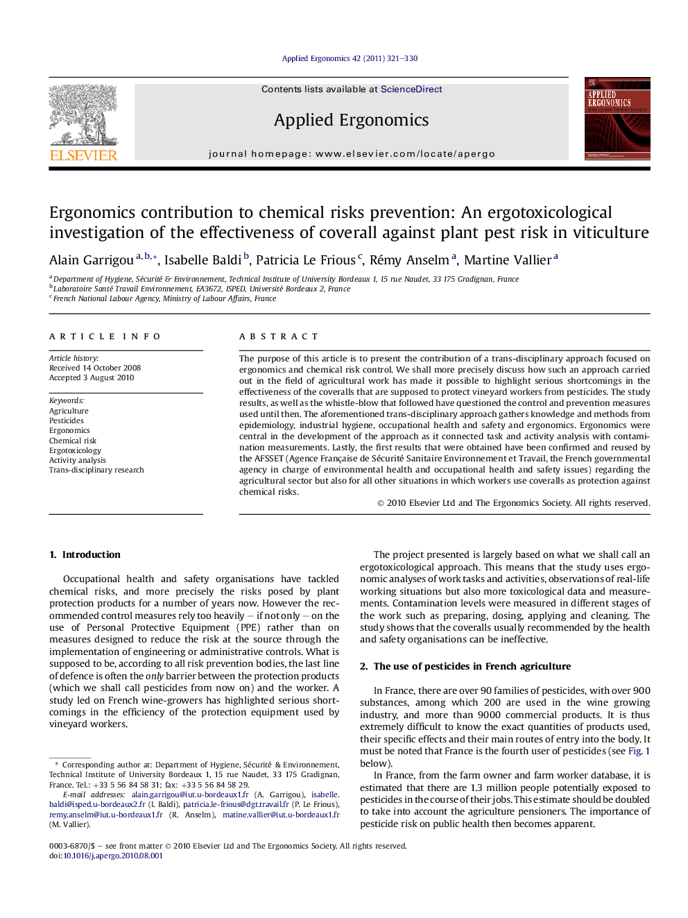 Ergonomics contribution to chemical risks prevention: An ergotoxicological investigation of the effectiveness of coverall against plant pest risk in viticulture