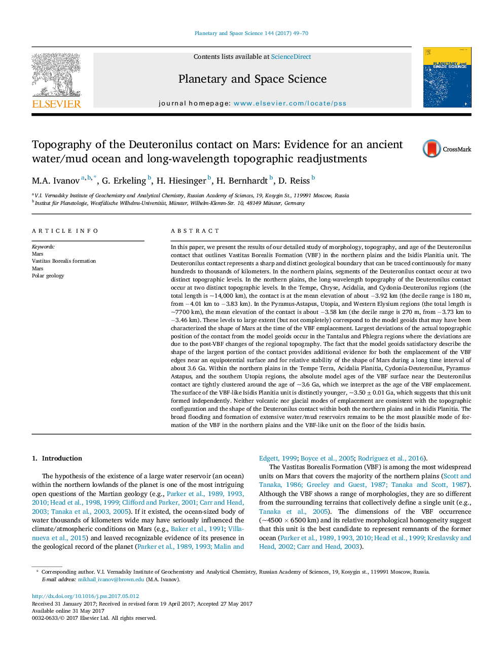 Topography of the Deuteronilus contact on Mars: Evidence for an ancient water/mud ocean and long-wavelength topographic readjustments