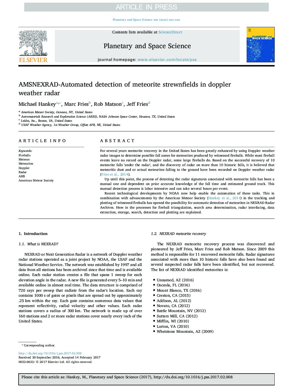 AMSNEXRAD-Automated detection of meteorite strewnfields in doppler weather radar