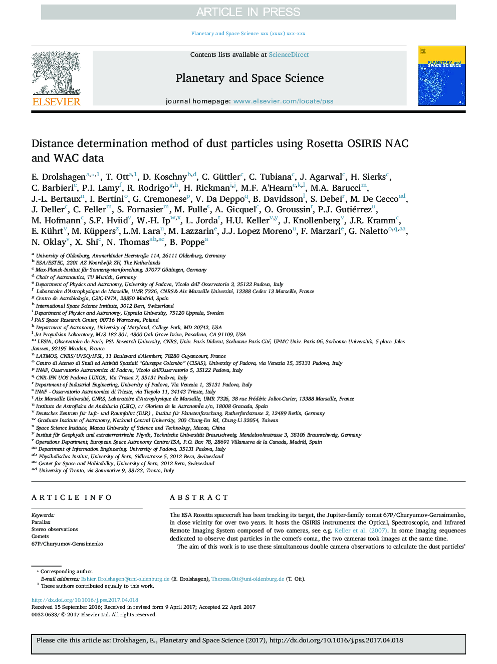 Distance determination method of dust particles using Rosetta OSIRIS NAC and WAC data