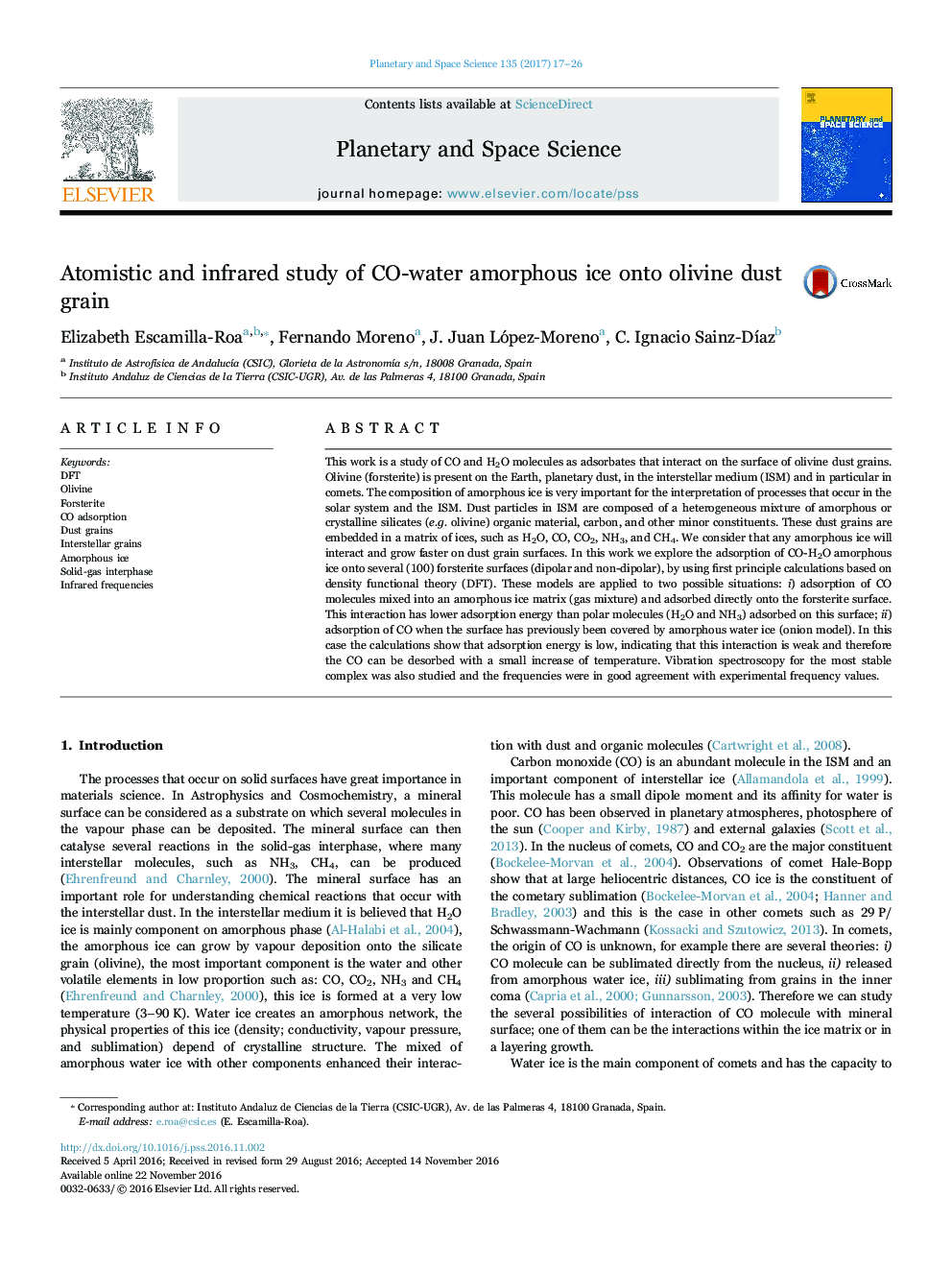 Atomistic and infrared study of CO-water amorphous ice onto olivine dust grain