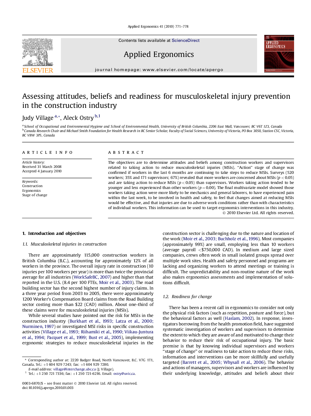 Assessing attitudes, beliefs and readiness for musculoskeletal injury prevention in the construction industry