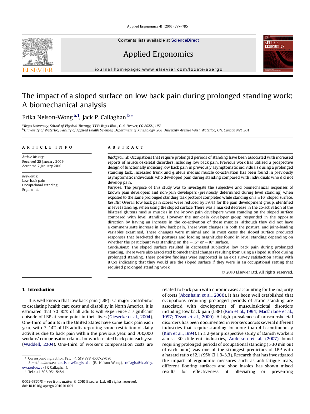 The impact of a sloped surface on low back pain during prolonged standing work: A biomechanical analysis