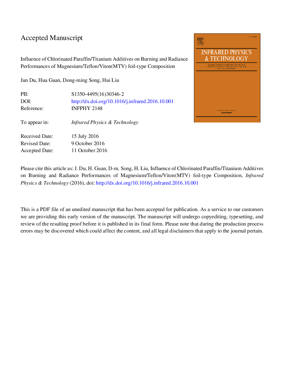 Influence of chlorinated paraffin/titanium additives on burning and radiance performances of Magnesium/Teflon/Viton(MTV) foil-type composition