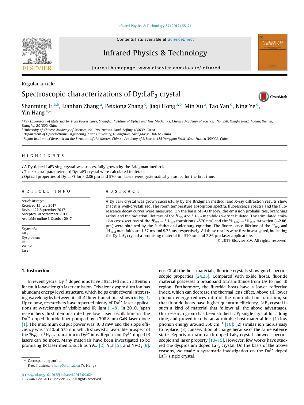 Spectroscopic characterizations of Dy:LaF3 crystal