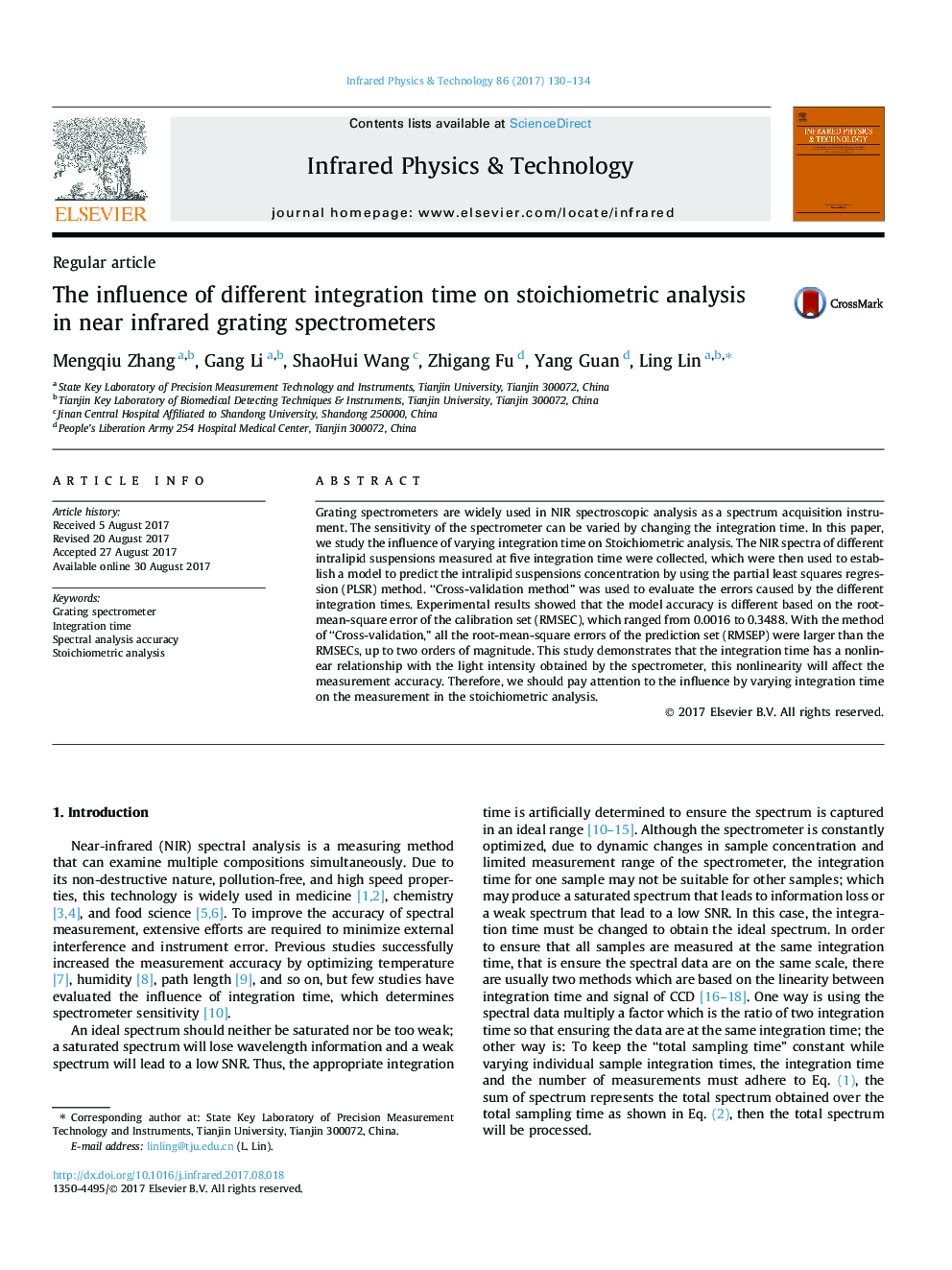 The influence of different integration time on stoichiometric analysis in near infrared grating spectrometers