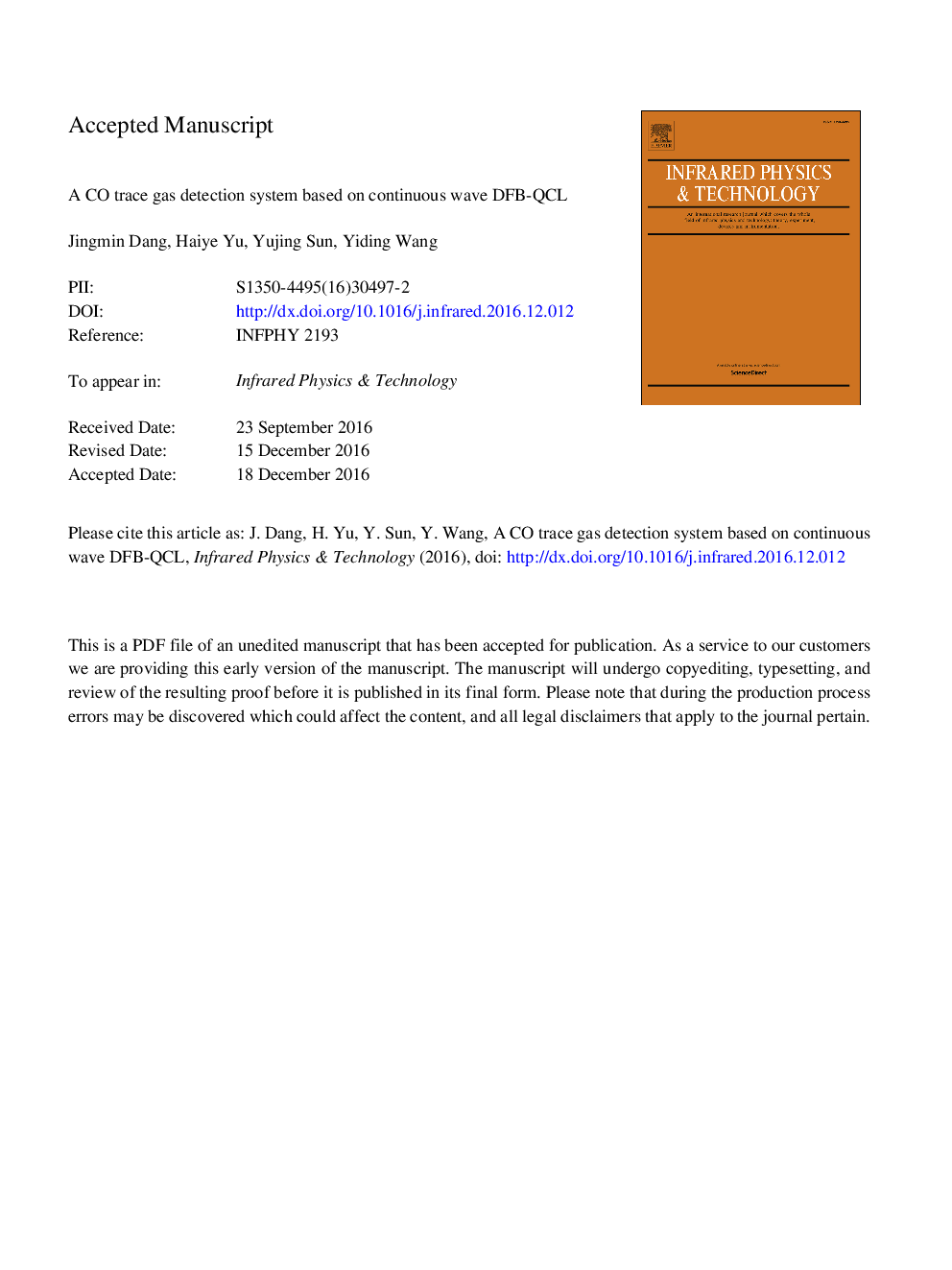 A CO trace gas detection system based on continuous wave DFB-QCL