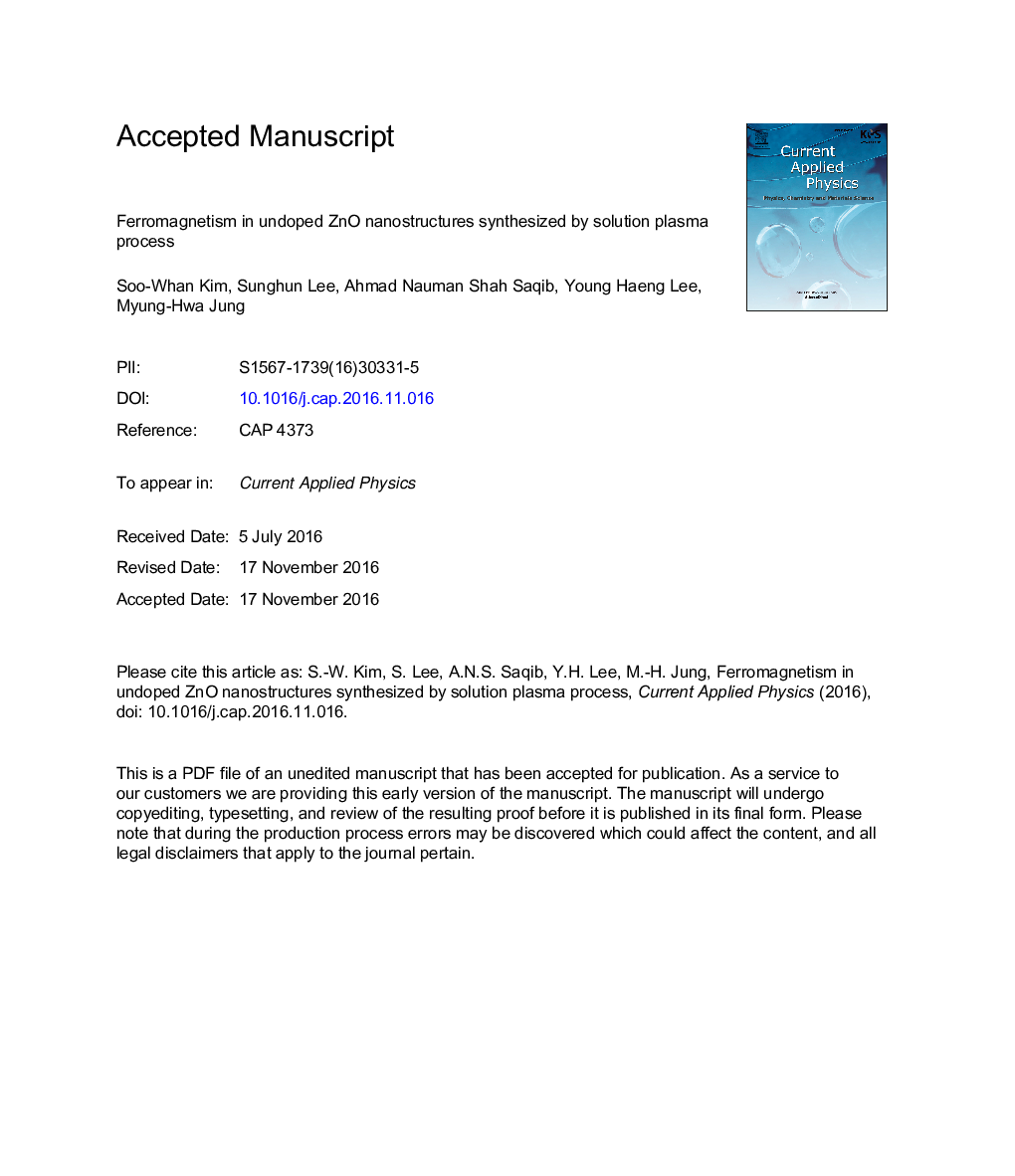 Ferromagnetism in undoped ZnO nanostructures synthesized by solution plasma process