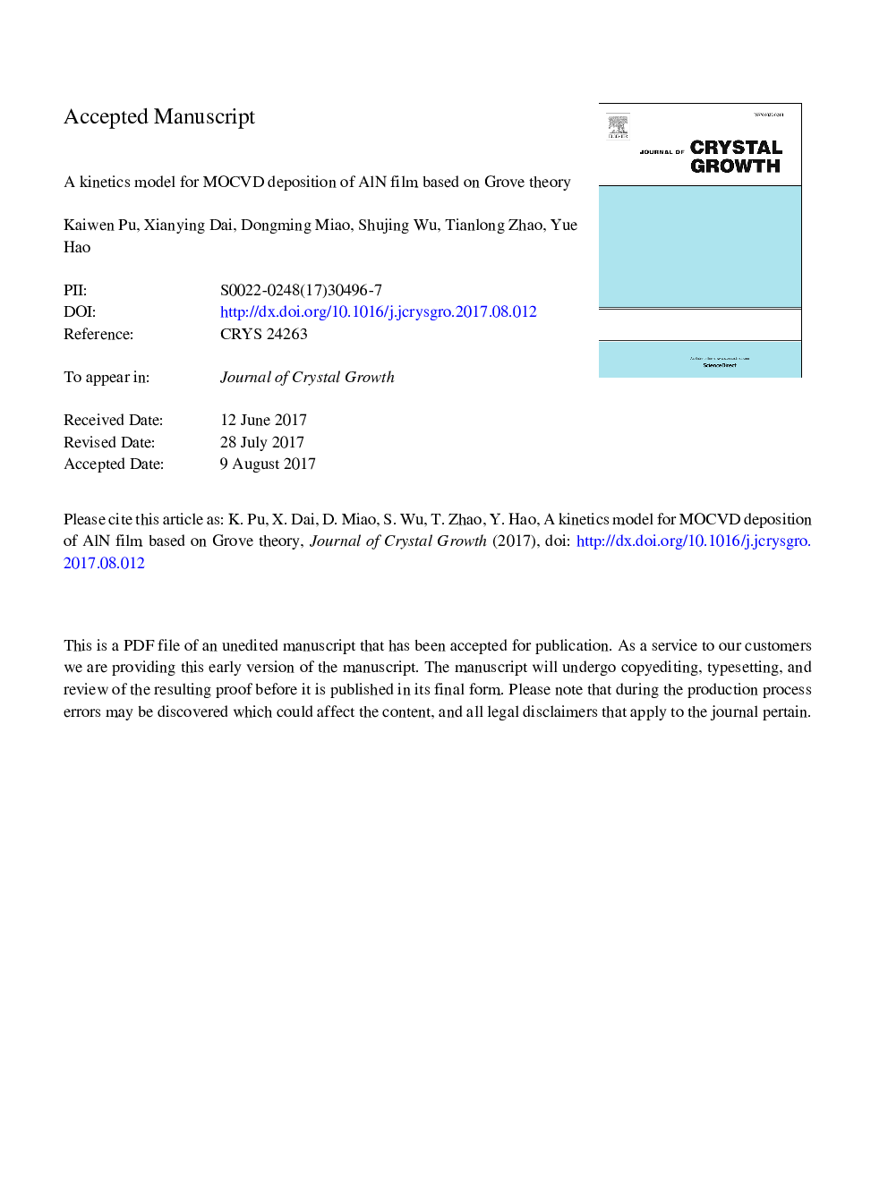 A kinetics model for MOCVD deposition of AlN film based on Grove theory