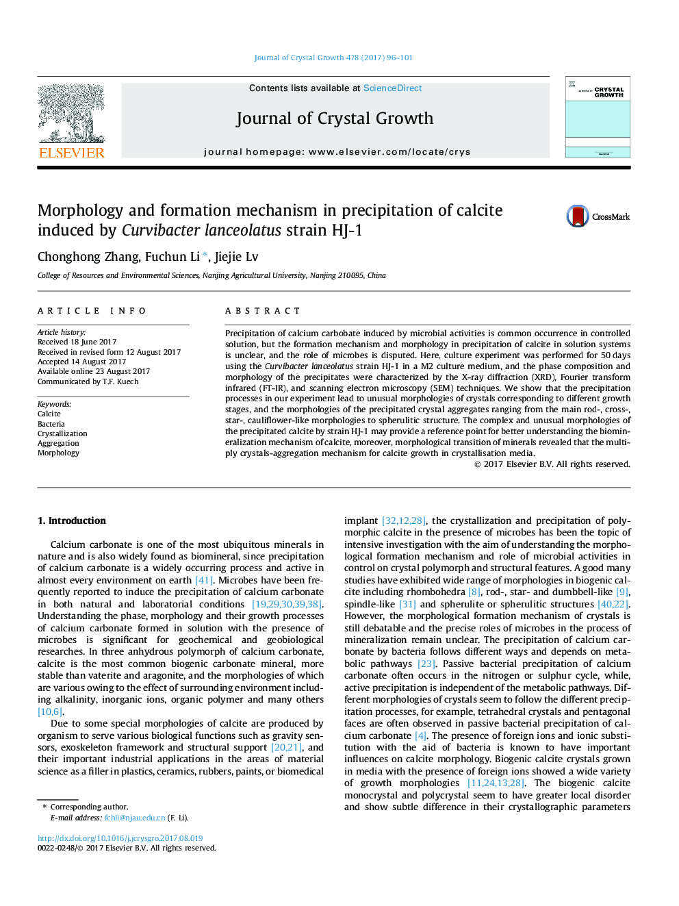 Morphology and formation mechanism in precipitation of calcite induced by Curvibacter lanceolatus strain HJ-1