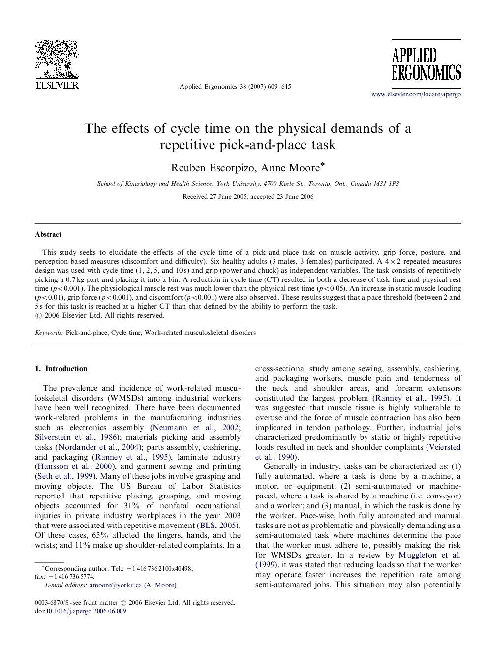 The effects of cycle time on the physical demands of a repetitive pick-and-place task