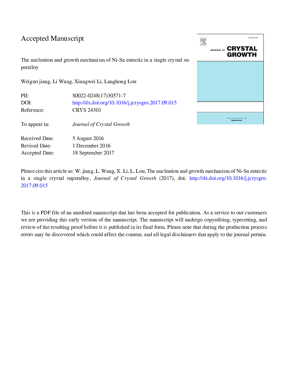 The nucleation and growth mechanism of Ni-Sn eutectic in a single crystal superalloy