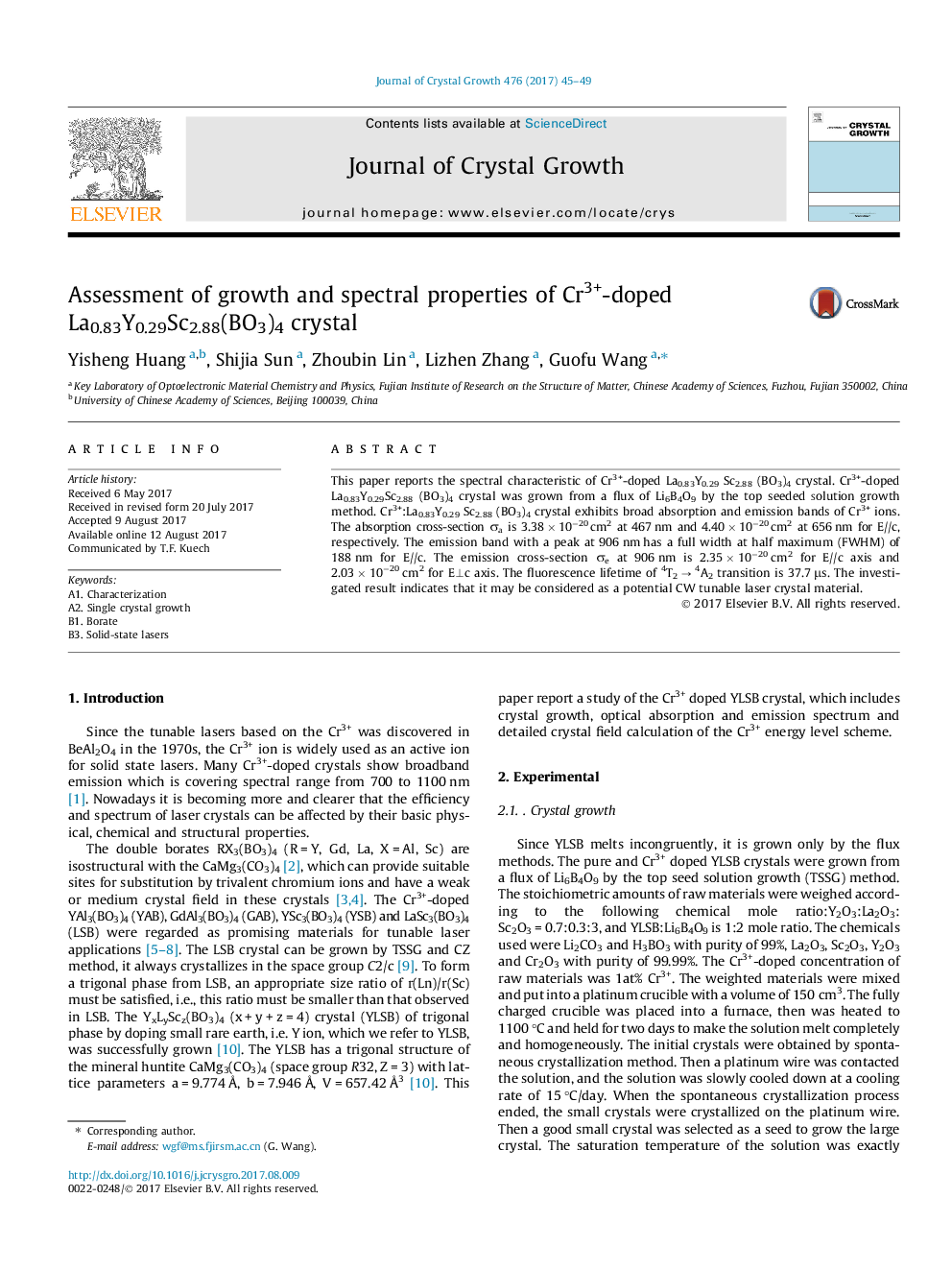 Assessment of growth and spectral properties of Cr3+-doped La0.83Y0.29Sc2.88(BO3)4 crystal