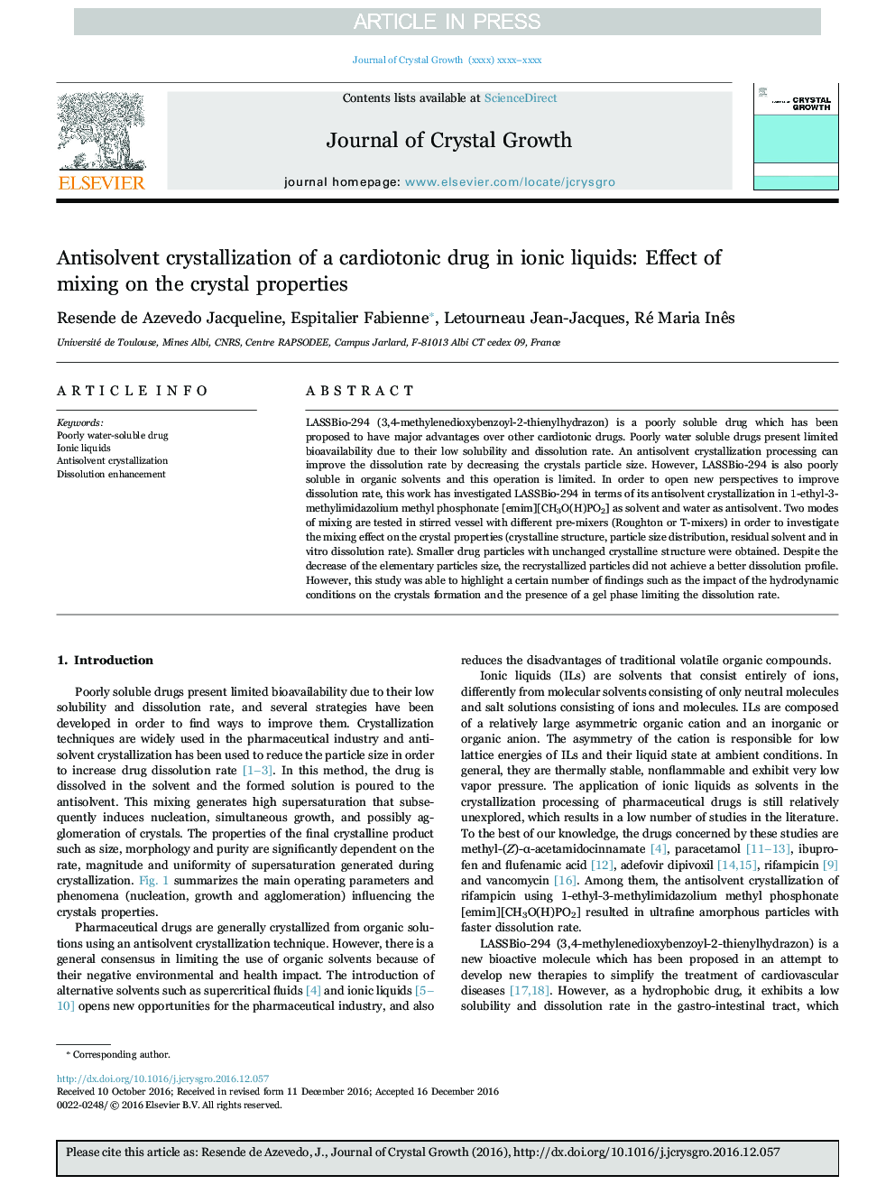 Antisolvent crystallization of a cardiotonic drug in ionic liquids: Effect of mixing on the crystal properties