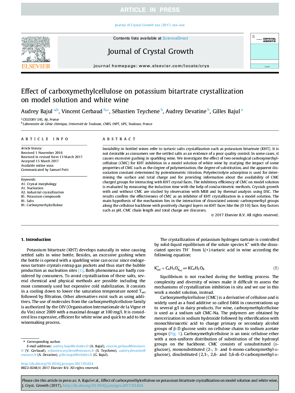 Effect of carboxymethylcellulose on potassium bitartrate crystallization on model solution and white wine