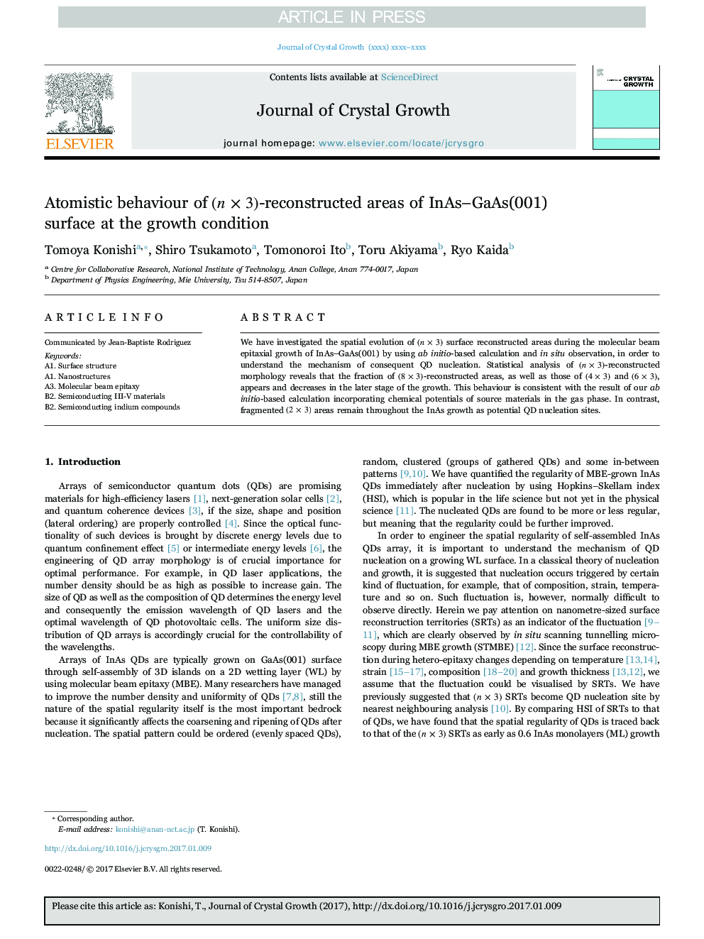 Atomistic behaviour of (nÃ3)-reconstructed areas of InAs-GaAs(001) surface at the growth condition