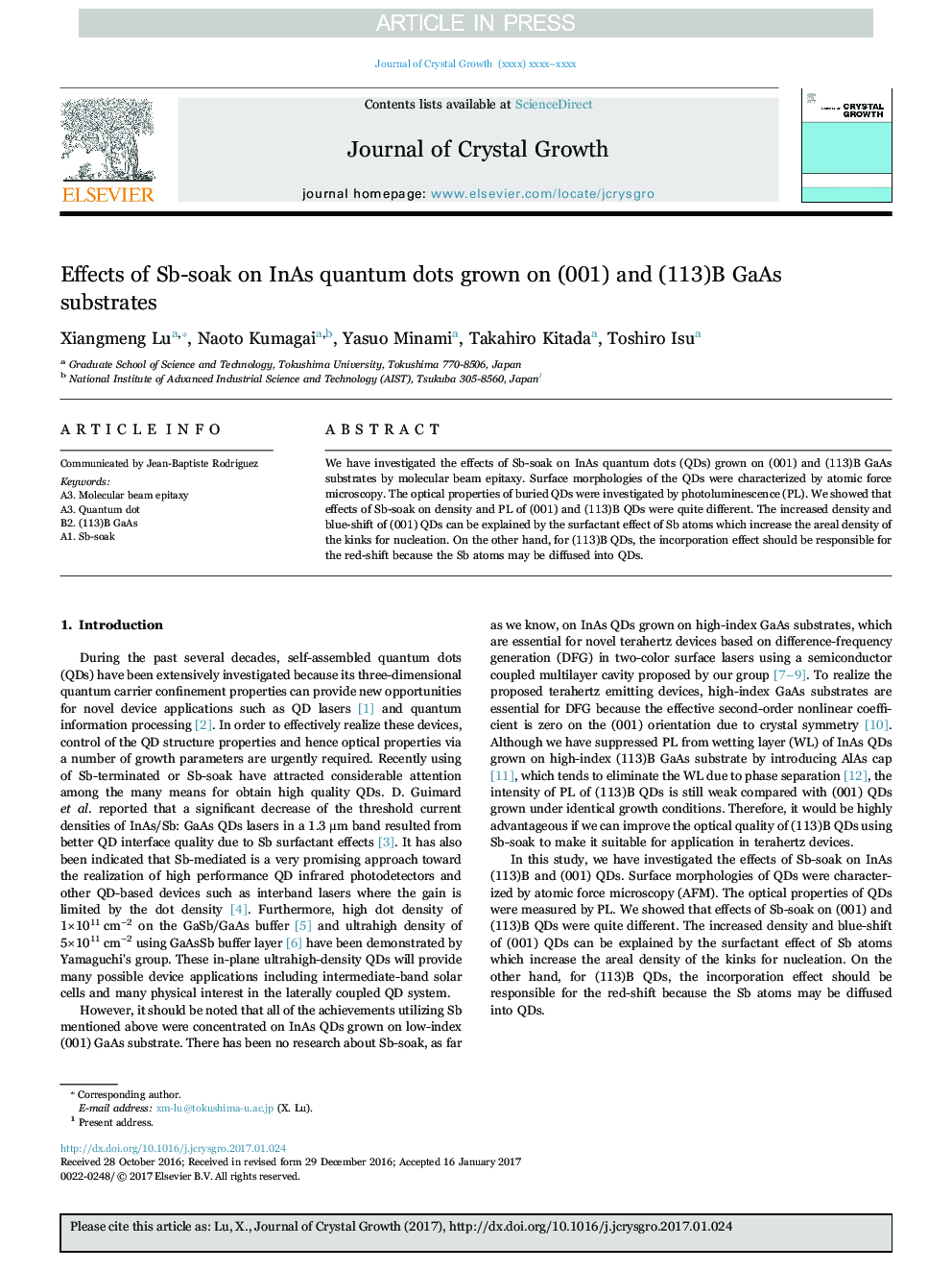 Effects of Sb-soak on InAs quantum dots grown on (001) and (113)B GaAs substrates