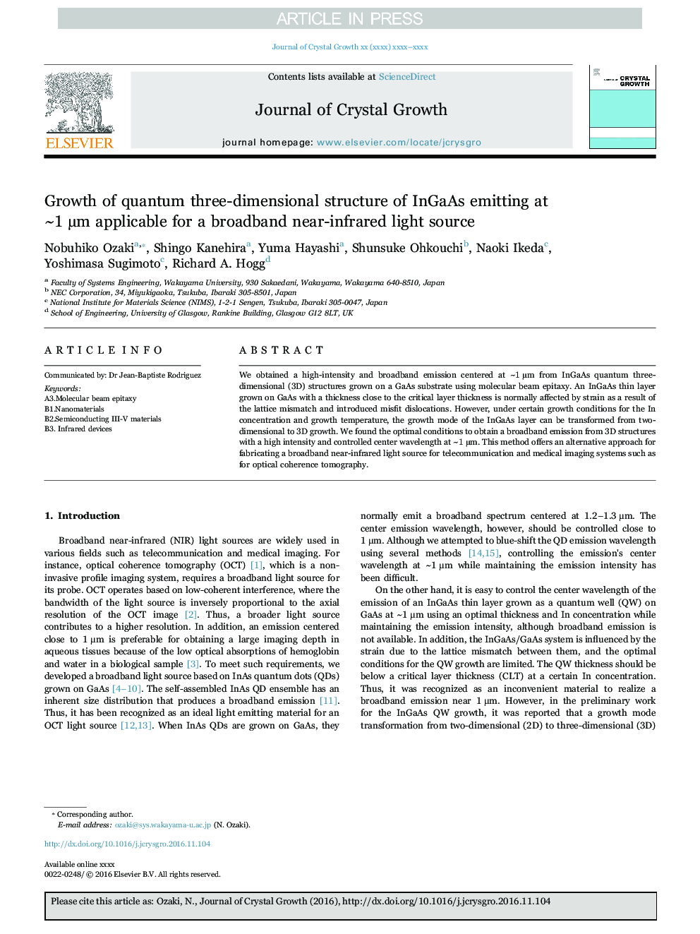 Growth of quantum three-dimensional structure of InGaAs emitting at ~1Â Âµm applicable for a broadband near-infrared light source