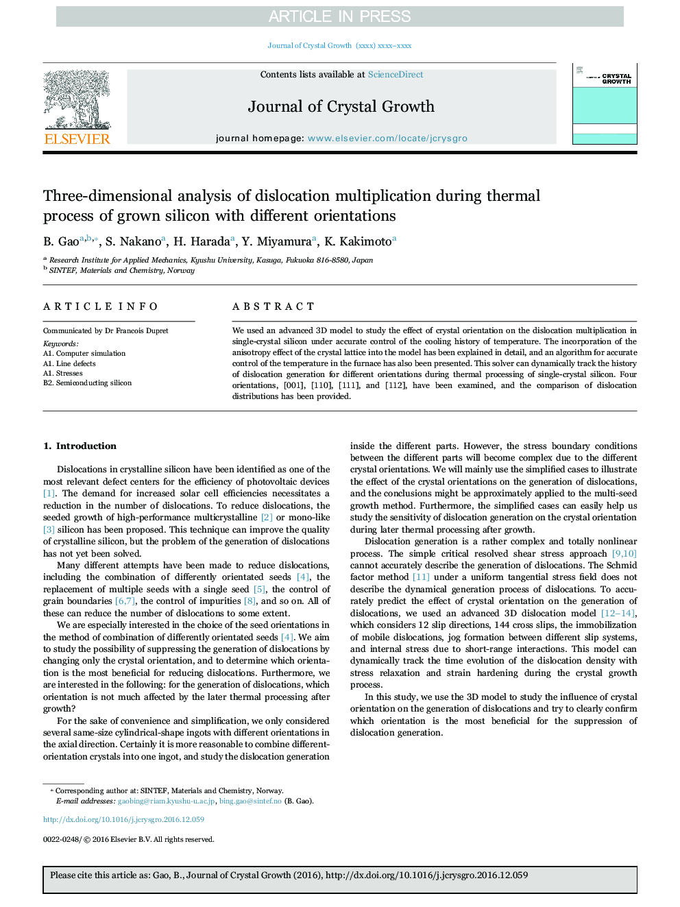 Three-dimensional analysis of dislocation multiplication during thermal process of grown silicon with different orientations