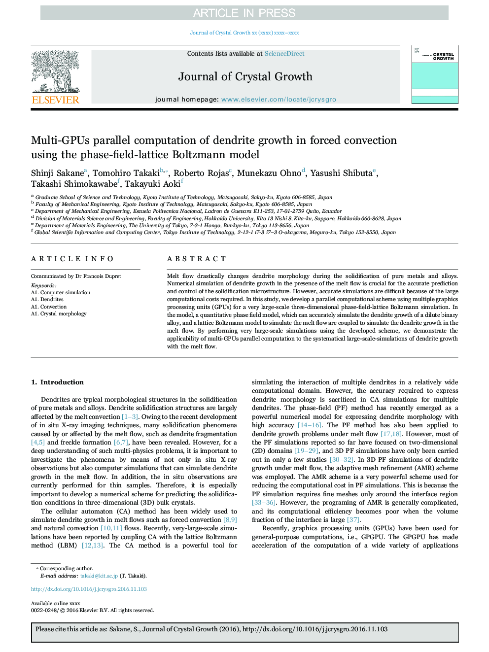 Multi-GPUs parallel computation of dendrite growth in forced convection using the phase-field-lattice Boltzmann model