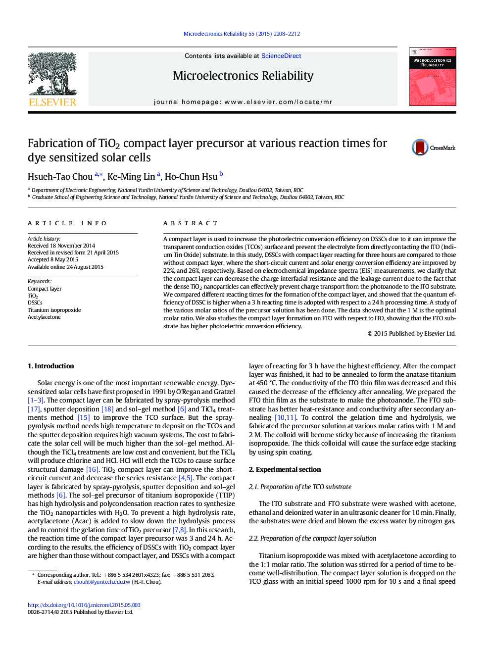 Fabrication of TiO2 compact layer precursor at various reaction times for dye sensitized solar cells