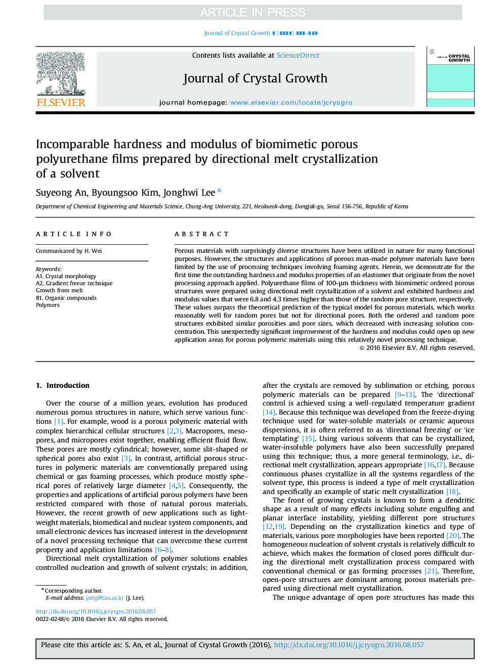 Incomparable hardness and modulus of biomimetic porous polyurethane films prepared by directional melt crystallization of a solvent