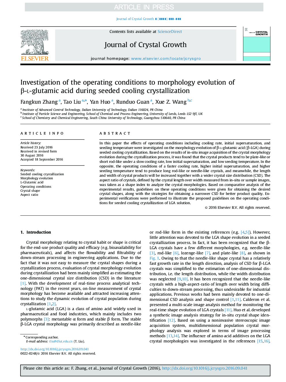 Investigation of the operating conditions to morphology evolution of Î²-l-glutamic acid during seeded cooling crystallization