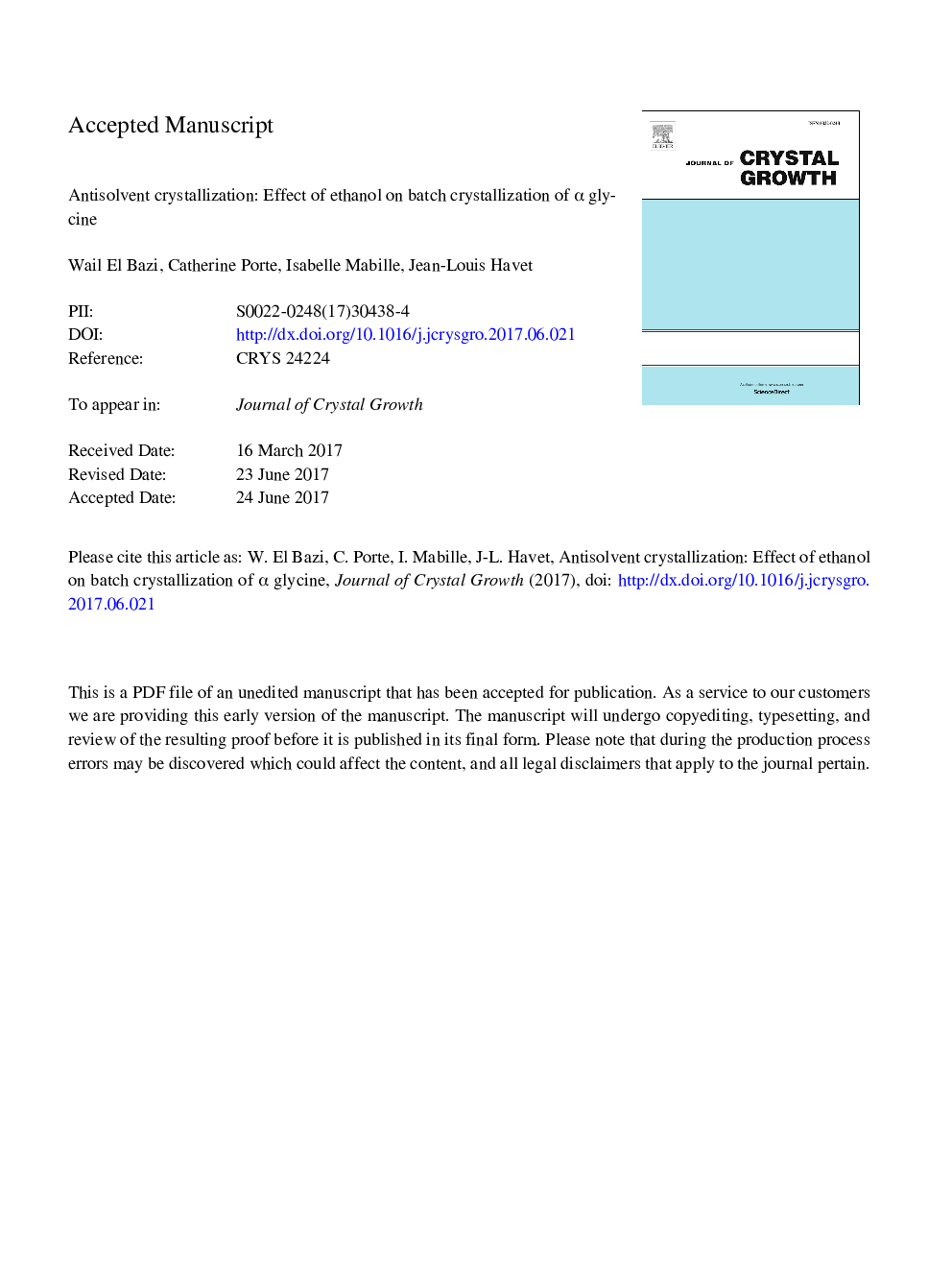 Antisolvent crystallization: Effect of ethanol on batch crystallization of Î± glycine