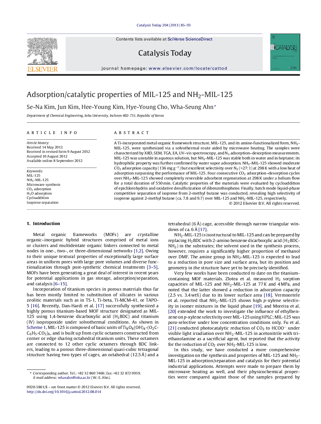 Adsorption/catalytic properties of MIL-125 and NH2-MIL-125