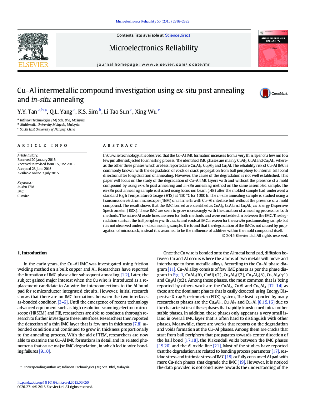 Cu–Al intermetallic compound investigation using ex-situ post annealing and in-situ annealing