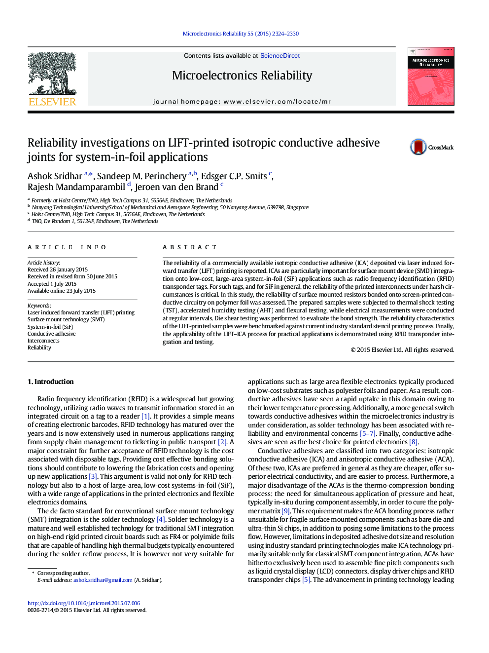 Reliability investigations on LIFT-printed isotropic conductive adhesive joints for system-in-foil applications