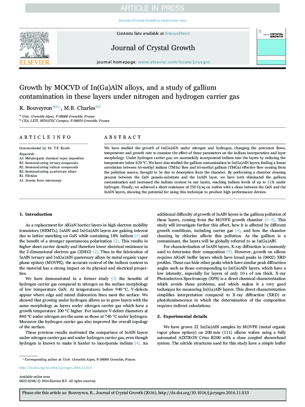 Growth by MOCVD of In(Ga)AlN alloys, and a study of gallium contamination in these layers under nitrogen and hydrogen carrier gas