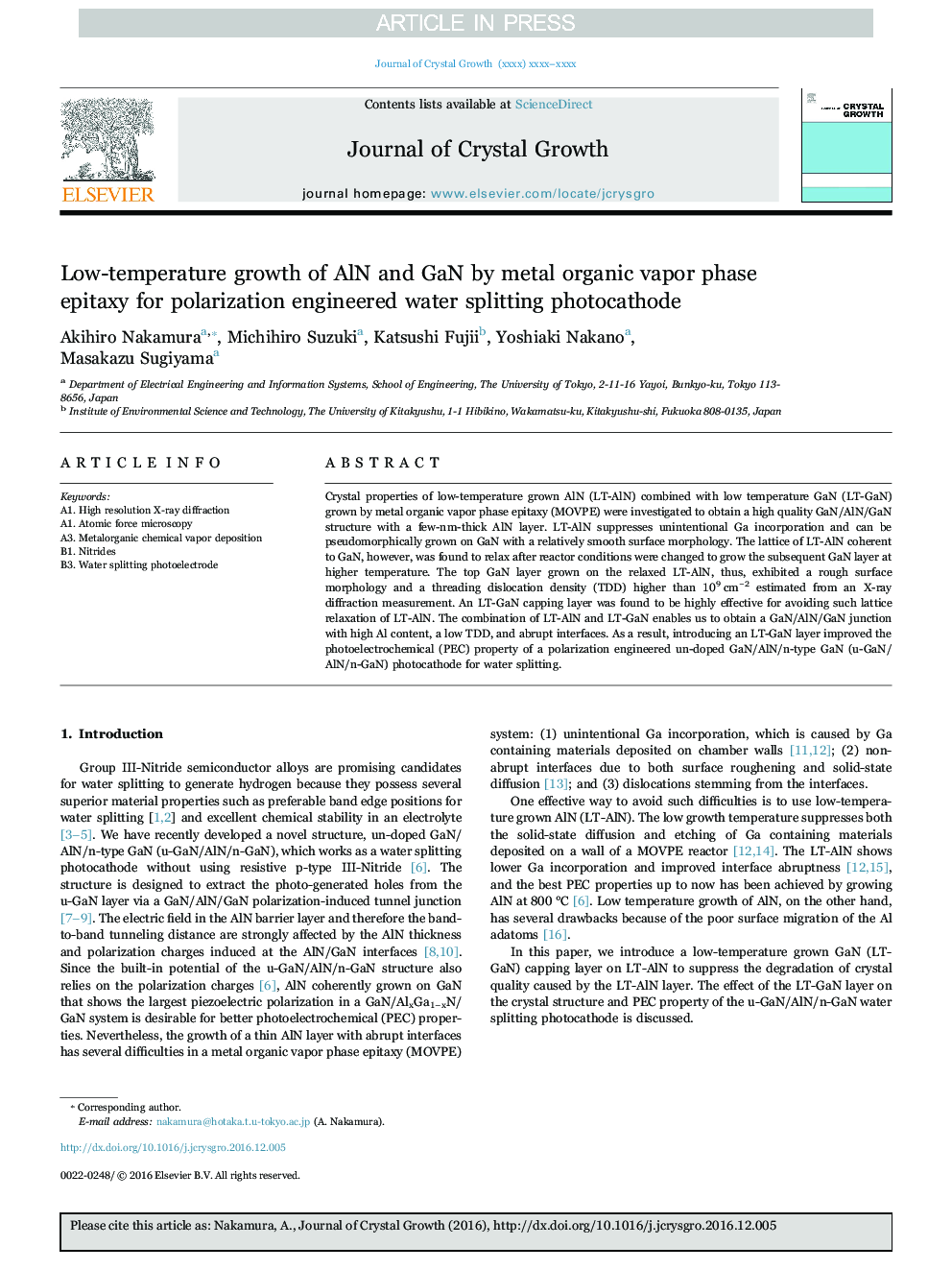 Low-temperature growth of AlN and GaN by metal organic vapor phase epitaxy for polarization engineered water splitting photocathode