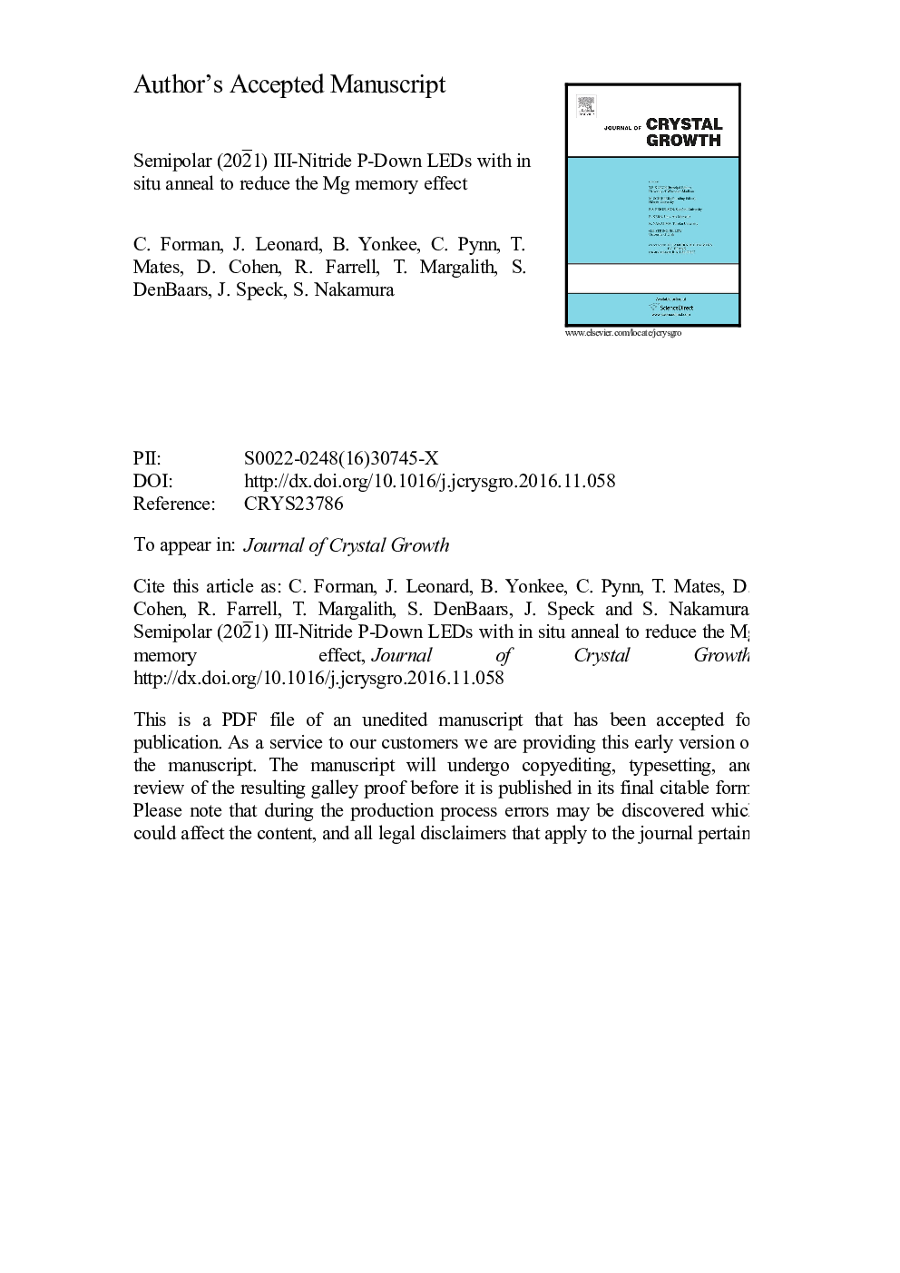 Semipolar (202Ì1) III-Nitride P-Down LEDs with in situ anneal to reduce the Mg memory effect