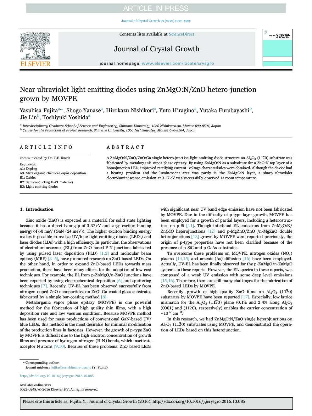Near ultraviolet light emitting diodes using ZnMgO:N/ZnO hetero-junction grown by MOVPE