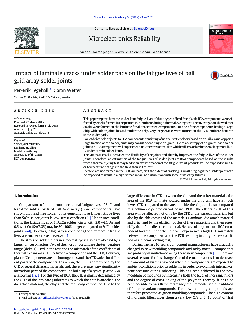 Impact of laminate cracks under solder pads on the fatigue lives of ball grid array solder joints