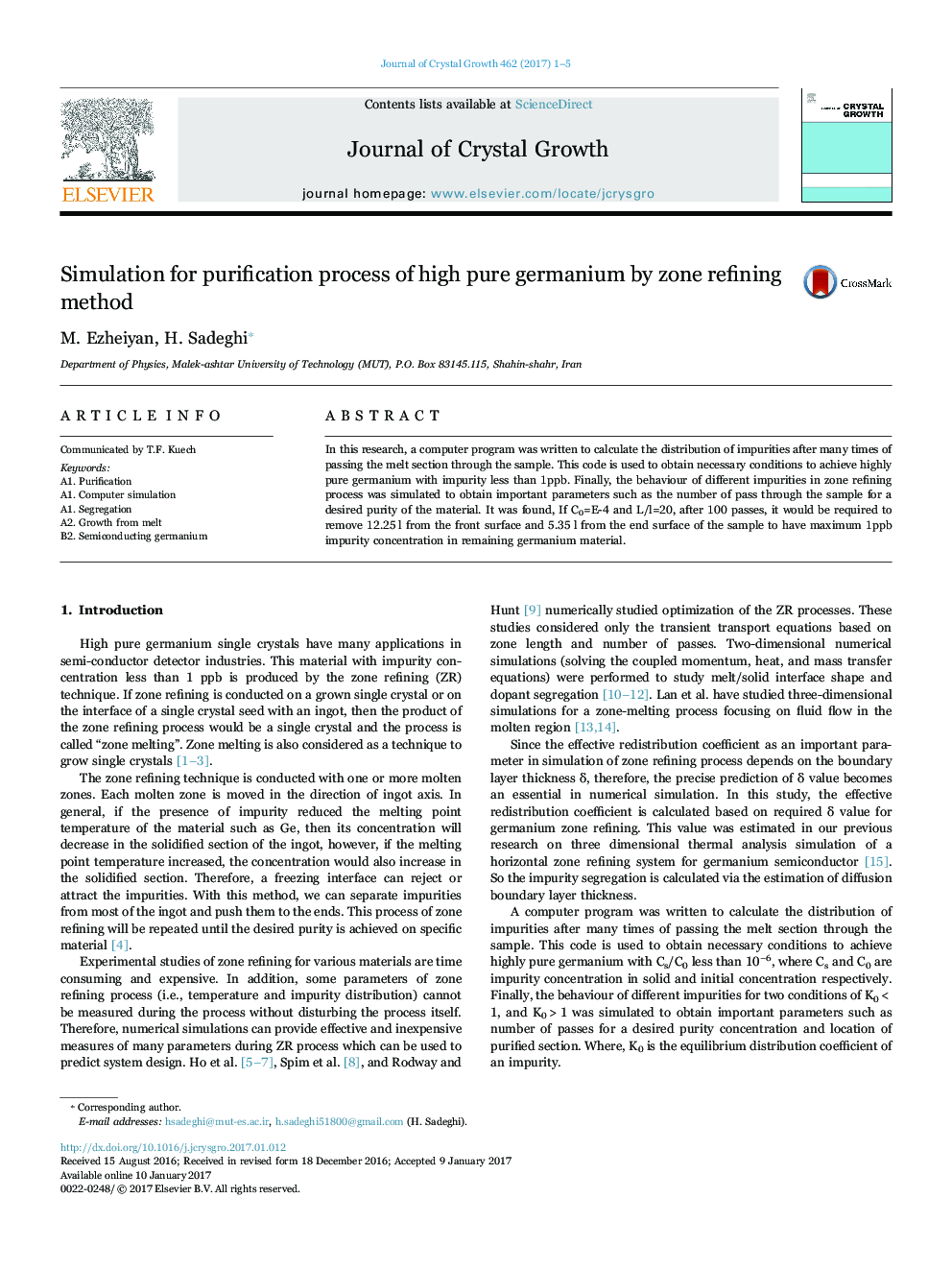 Simulation for purification process of high pure germanium by zone refining method