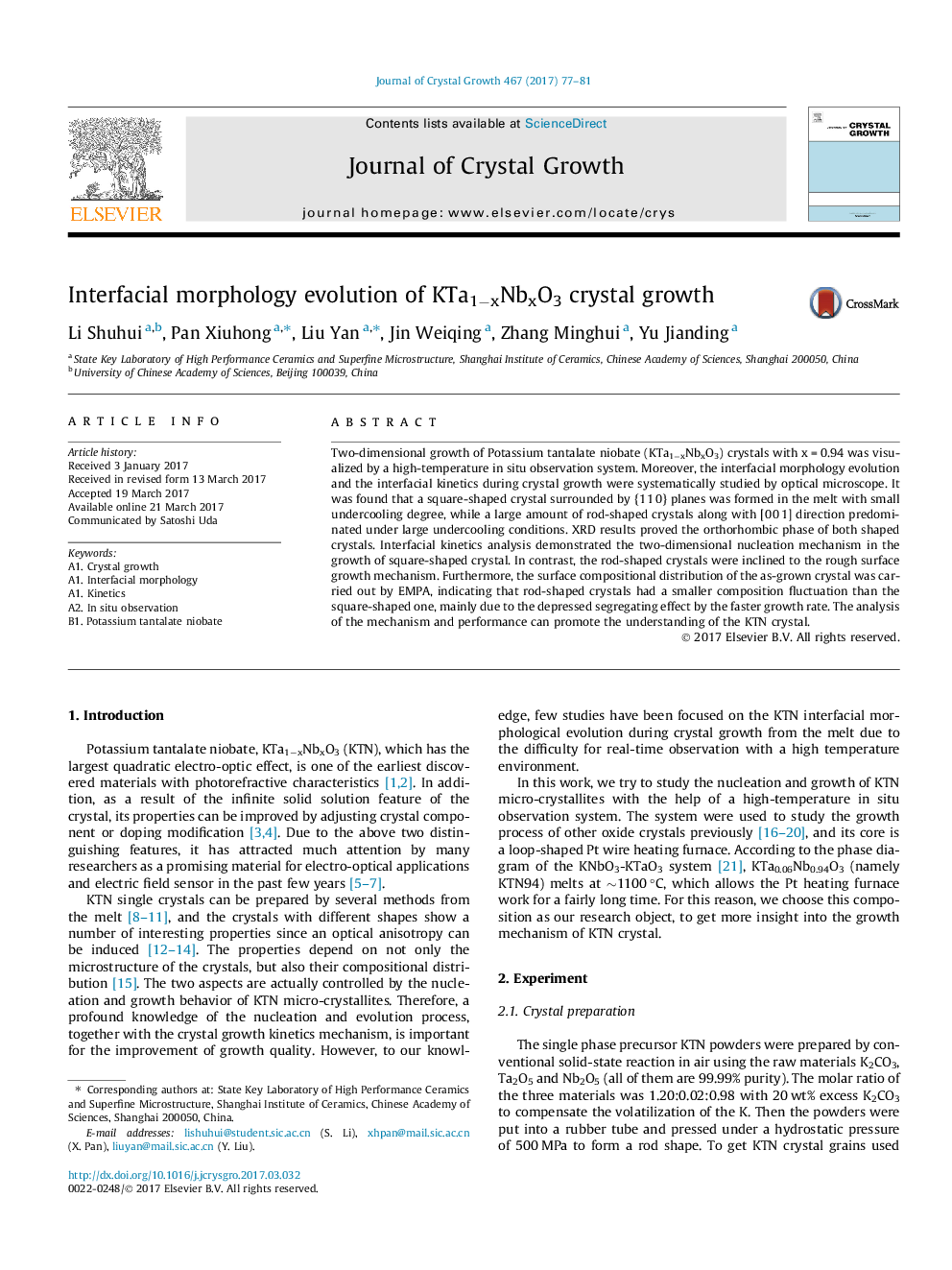 Interfacial morphology evolution of KTa1âxNbxO3 crystal growth