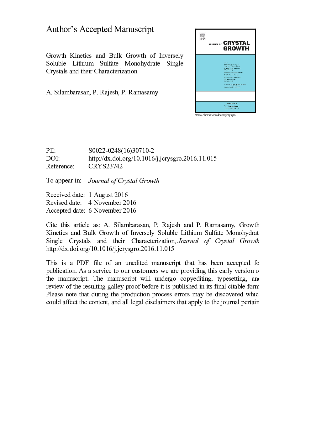 Growth kinetics and bulk growth of inversely soluble lithium sulfate monohydrate single crystals and their characterization