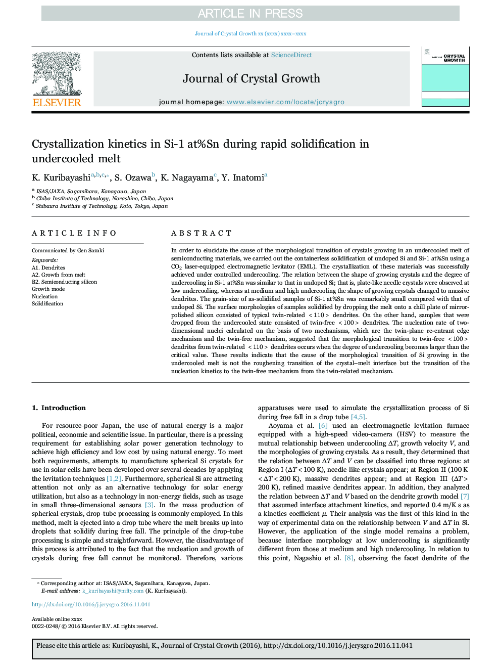 Crystallization kinetics in Si-1Â at%Sn during rapid solidification in undercooled melt