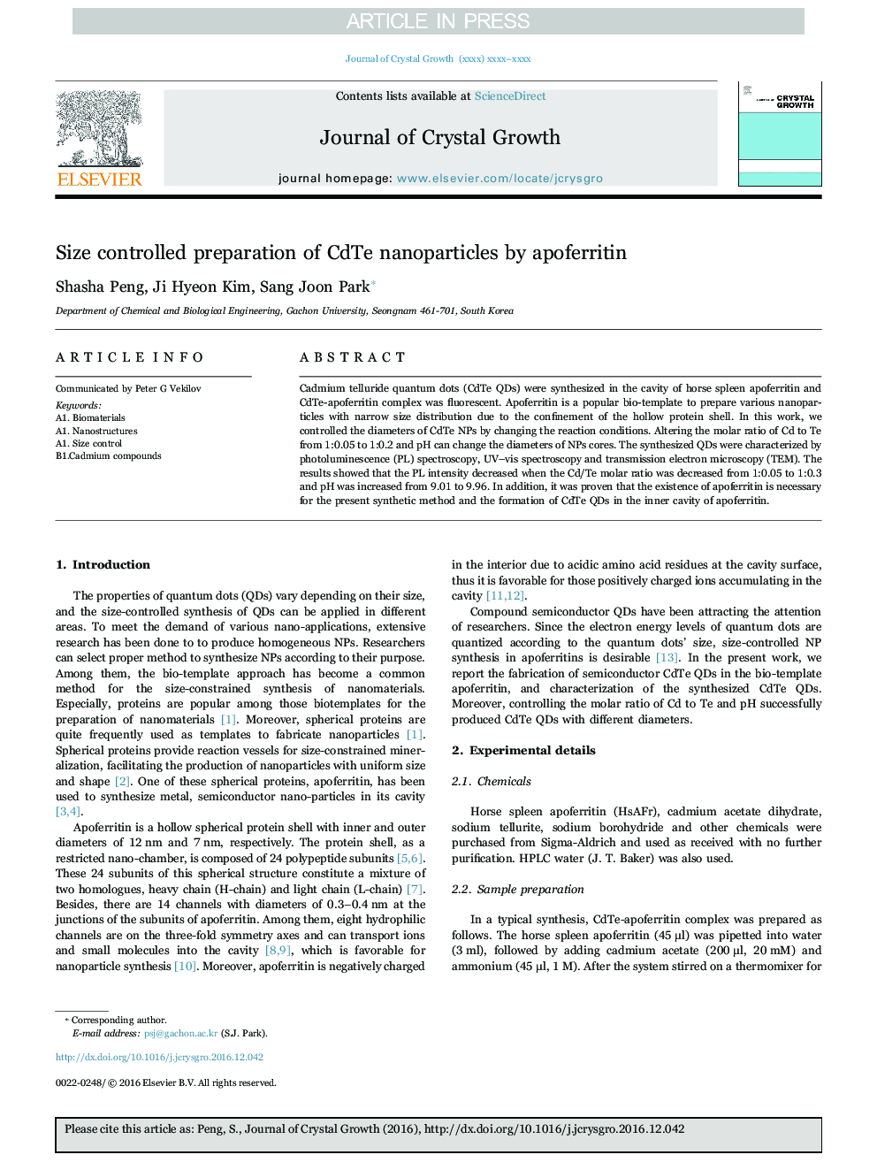 Size controlled preparation of CdTe nanoparticles by apoferritin